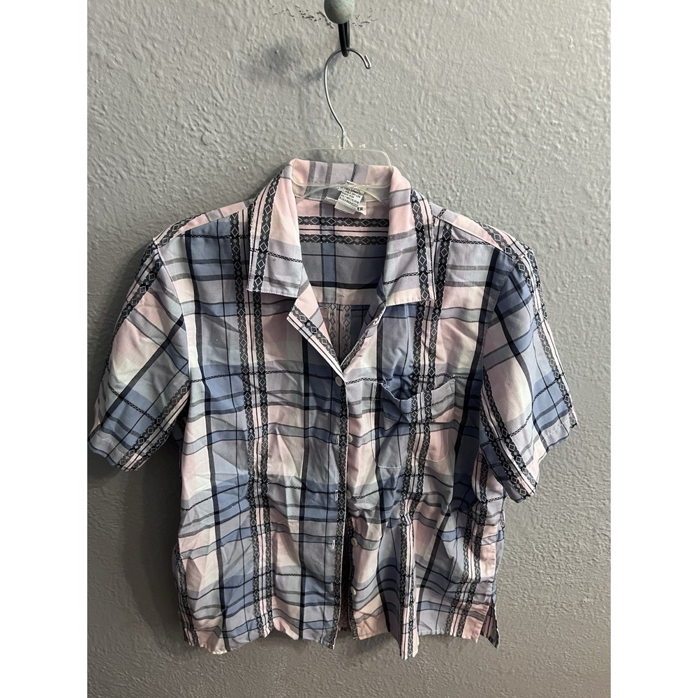 Alfred Dunner Pink Blue Plaid Button Up Short Sleeve Shirt Women Size 14